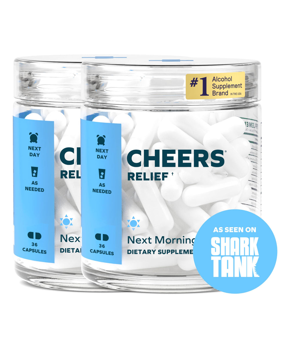 Cheers Relief ginger capsules bottle demonstrates a natural next-morning option for responsible drinking