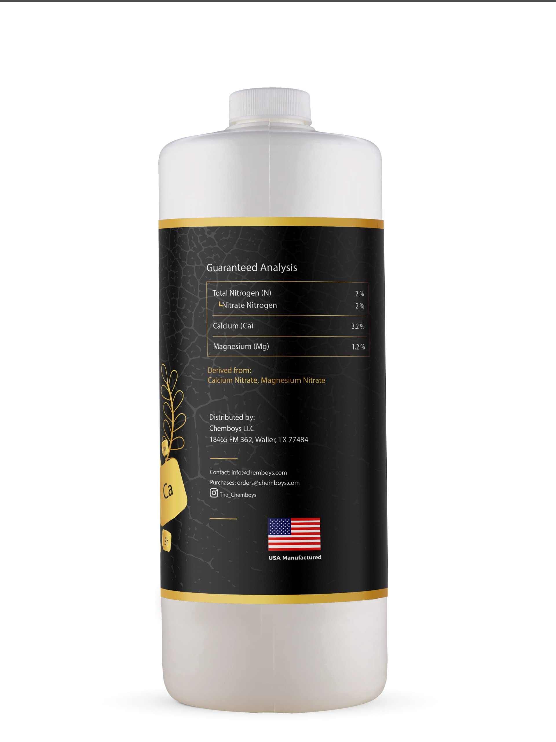 Chemboys XL Cal-Mag label closeup showcases US-made quality and purity.