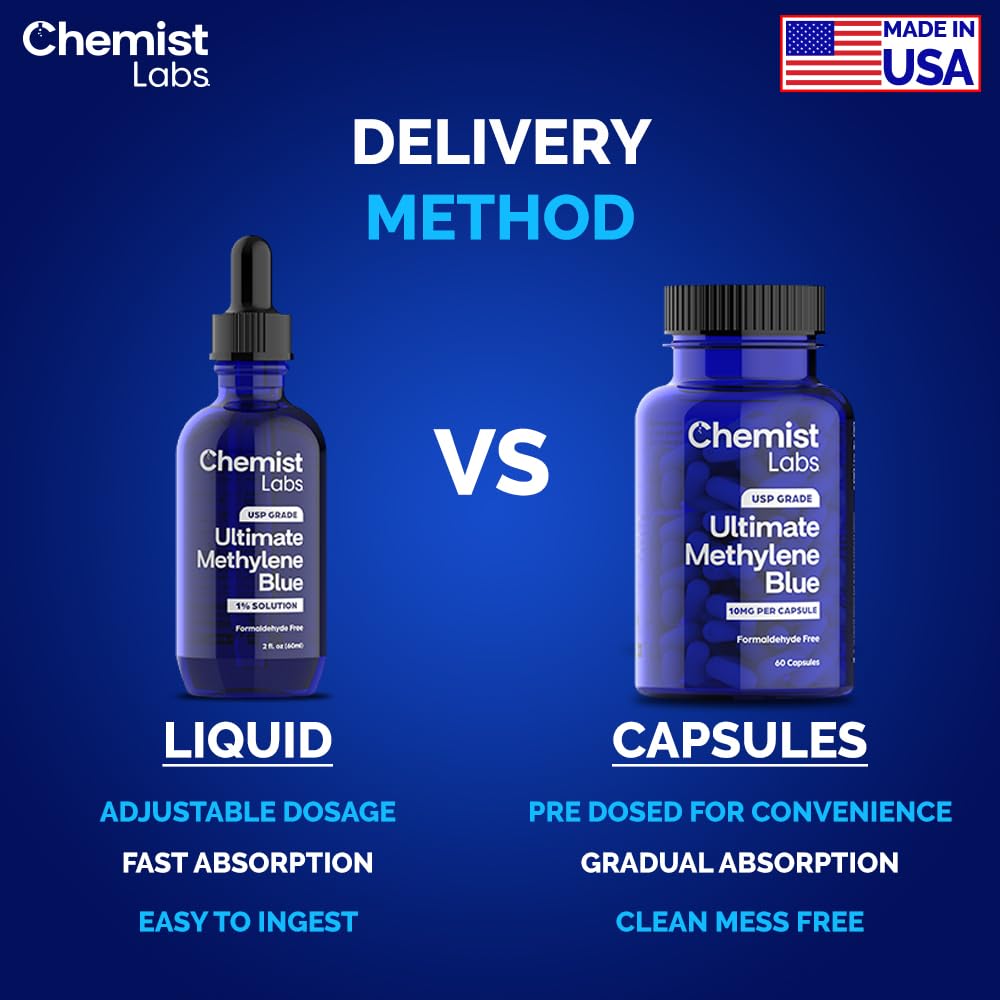 Chemist Labs 1% Methylene Blue amber bottle closeup protecting contents