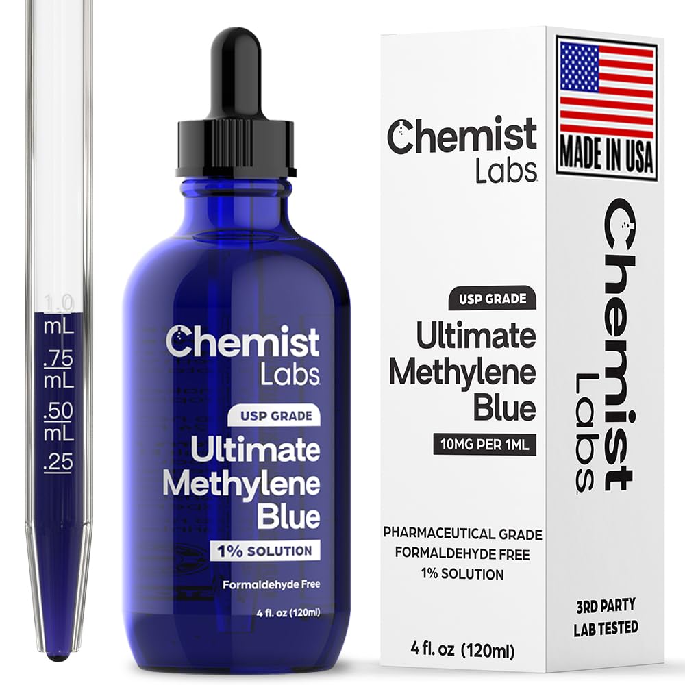 Chemist Labs 1% Methylene Blue bottle with precise dropper for consistent daily use.
