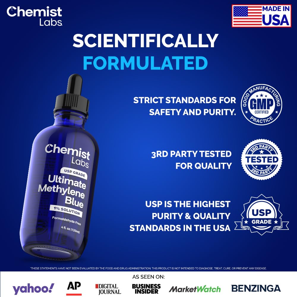 Chemist Labs 1% Methylene Blue dropper close-up highlighting precise dosing.