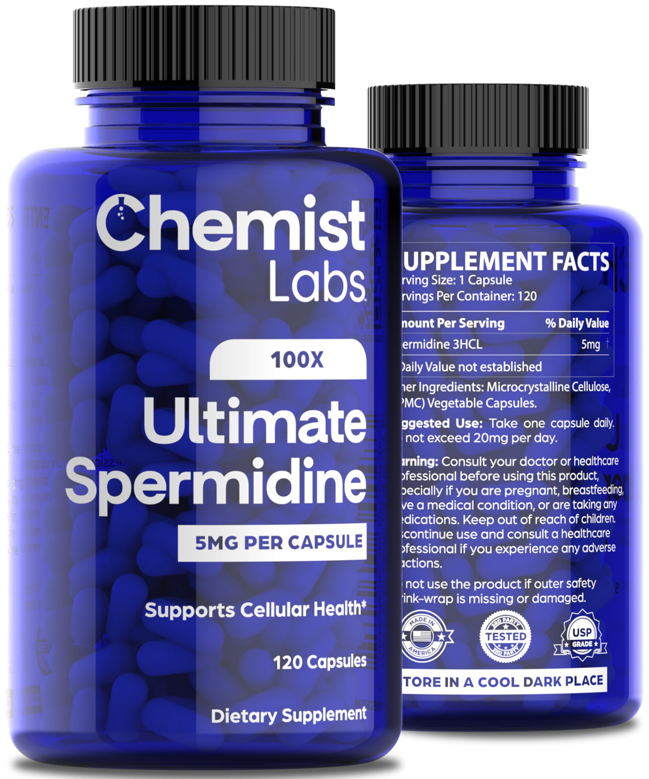 Chemist Labs spermidine dosing guidelines on label for reference