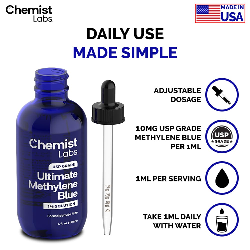 Chemist Labs Methylene Blue 4 oz bottle ready for human-use regimens.