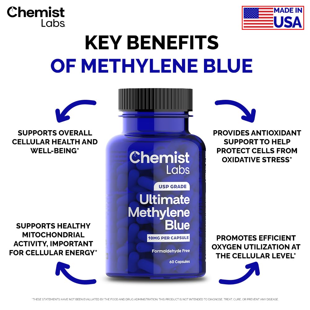 Chemist Labs Methylene Blue bottle on counter, USA-made assurance.