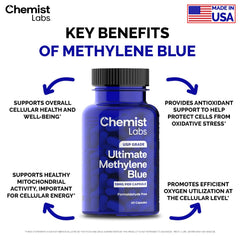 Chemist Labs Methylene Blue bottle on counter, USA-made assurance.