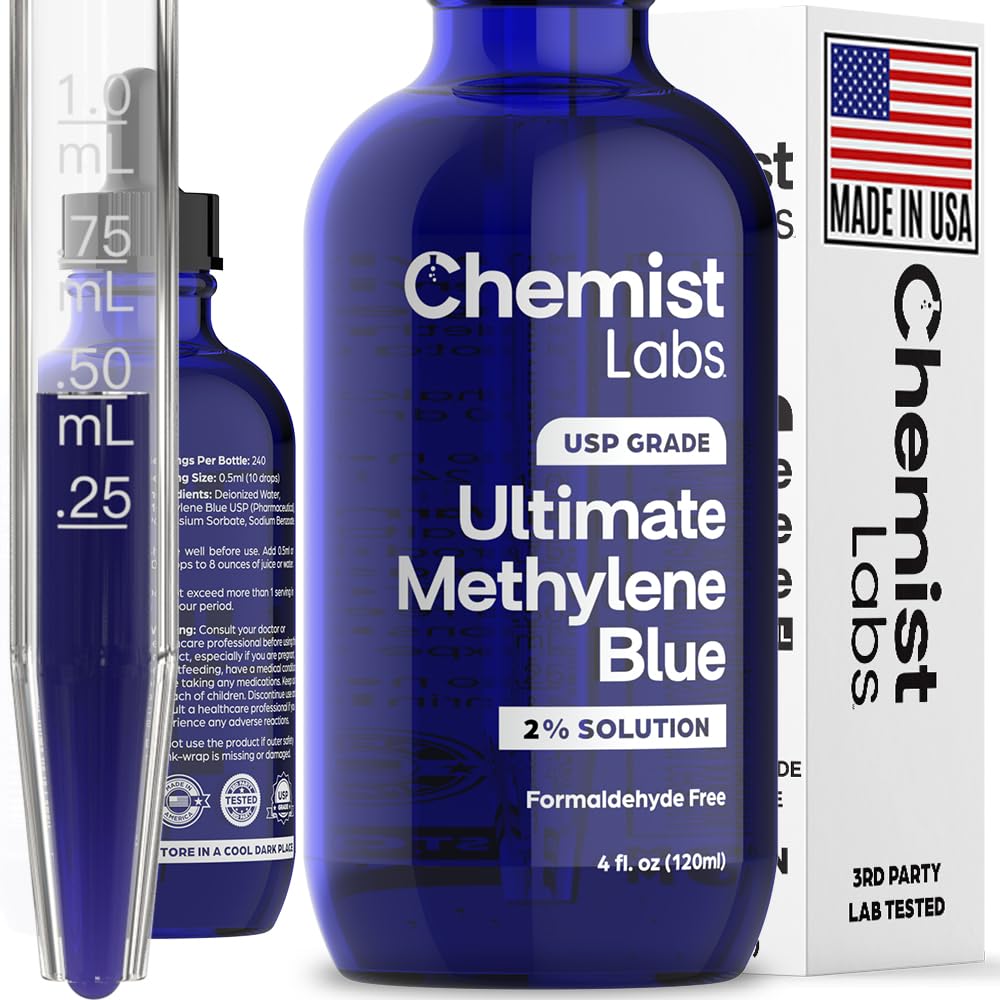 Chemist Labs methylene blue bottle highlights purity and dosage clarity for daily use.