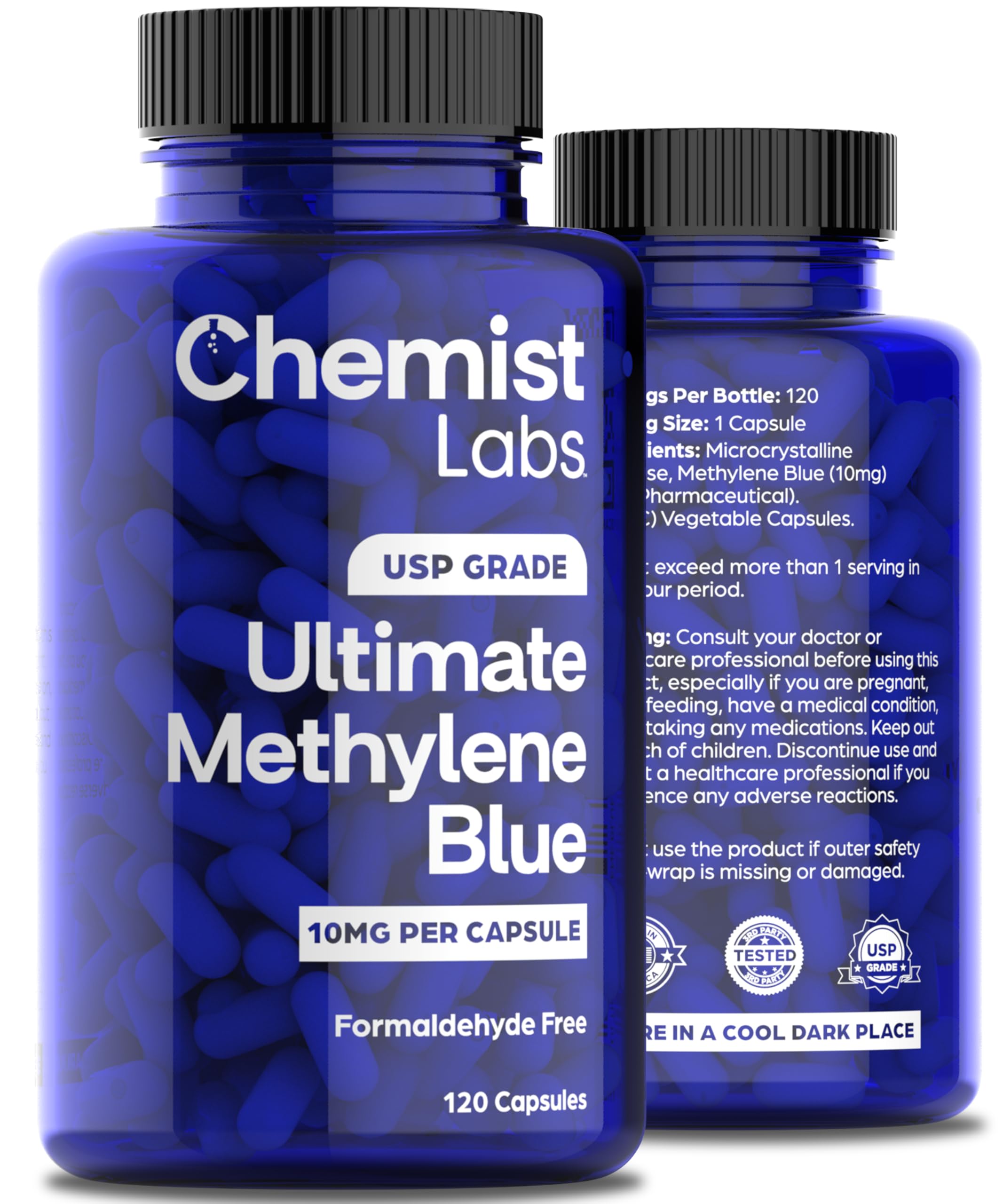 Chemist Labs Methylene Blue capsules packaging shows purity and clear labeling.