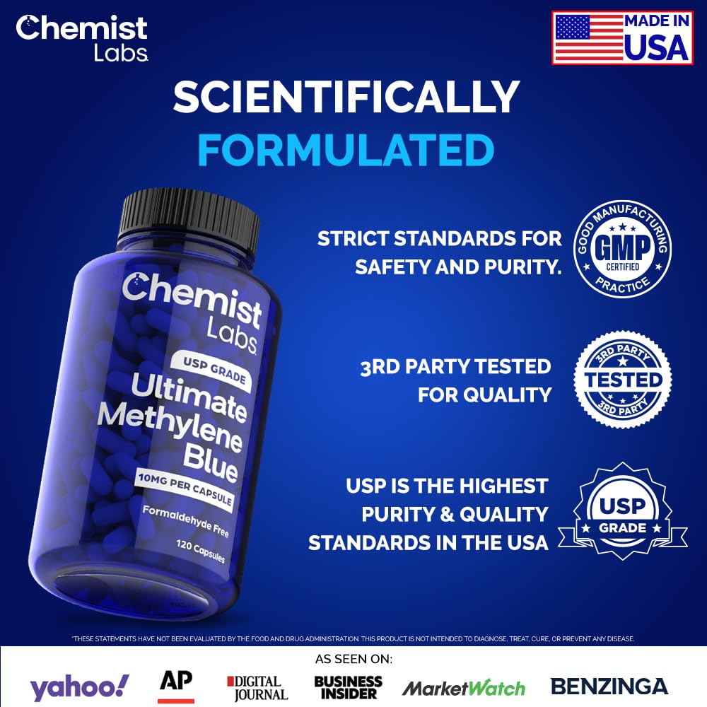 Chemist Labs Methylene Blue pills close-up highlights a precise 10 mg dose.