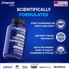 Chemist Labs Methylene Blue pills close-up highlights a precise 10 mg dose.