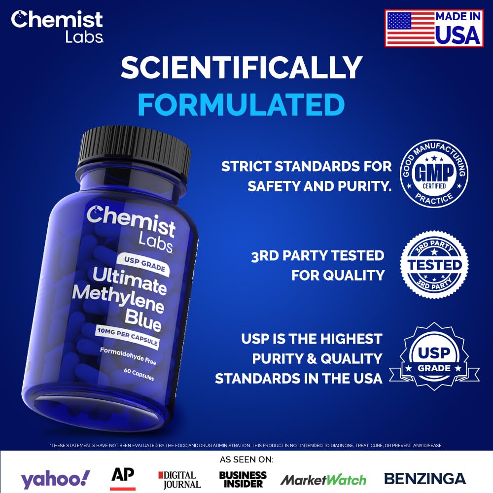 Chemist Labs Methylene Blue capsules with third-party testing seal visible.