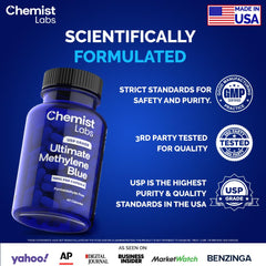 Chemist Labs Methylene Blue capsules with third-party testing seal visible.