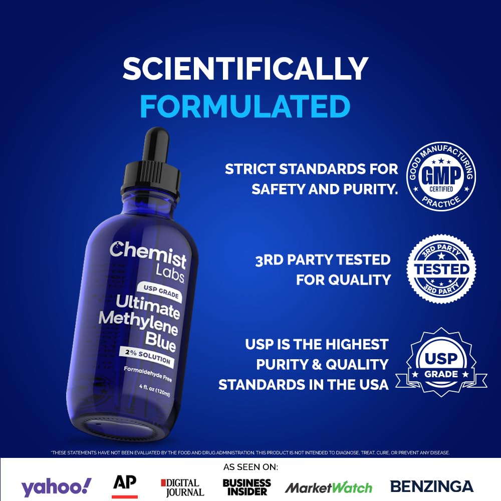 Chemist Labs methylene blue dropper ensures precise 0.5ml servings for consistency.