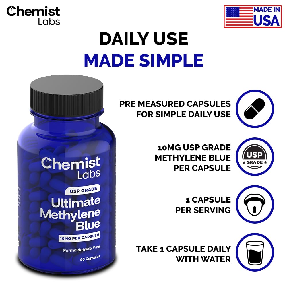 Chemist Labs Methylene Blue packaging indicates a formaldehyde-free formula.