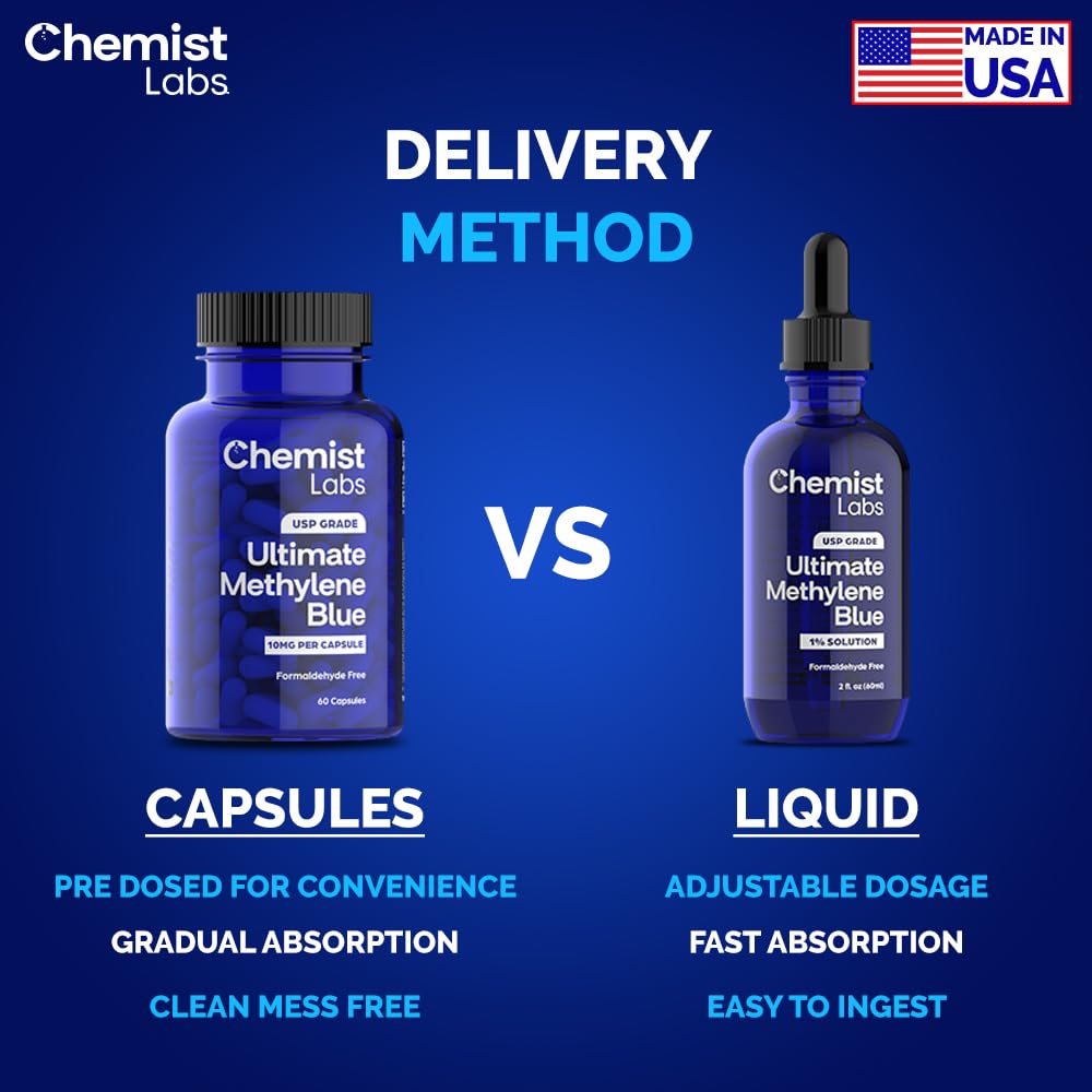 Chemist Labs Methylene Blue bottle shows GMP Utah facility label.
