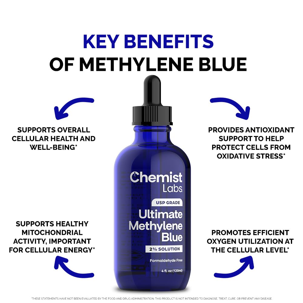 Chemist Labs methylene blue label shows clear ingredient and purity details.