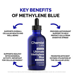 Chemist Labs methylene blue label shows clear ingredient and purity details.