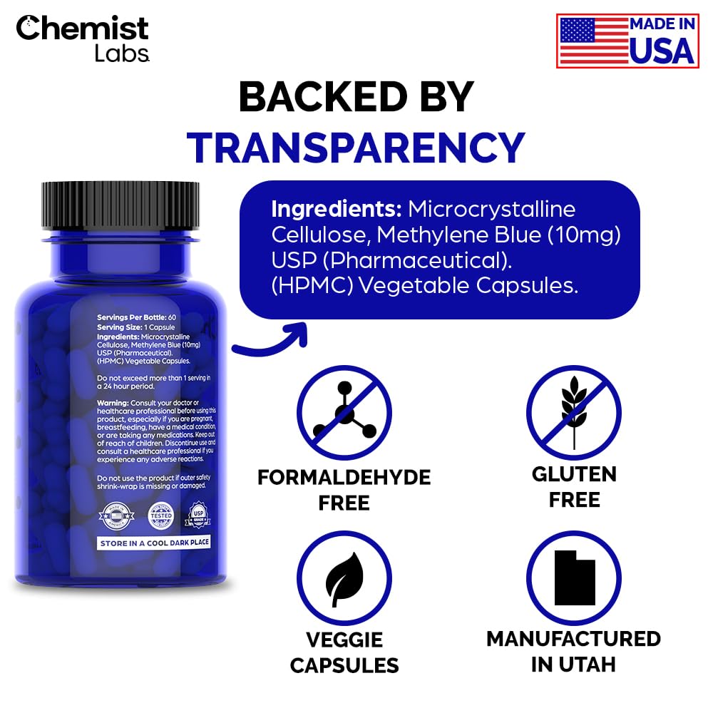 Chemist Labs Methylene Blue capsules with purity seal and dosage info.
