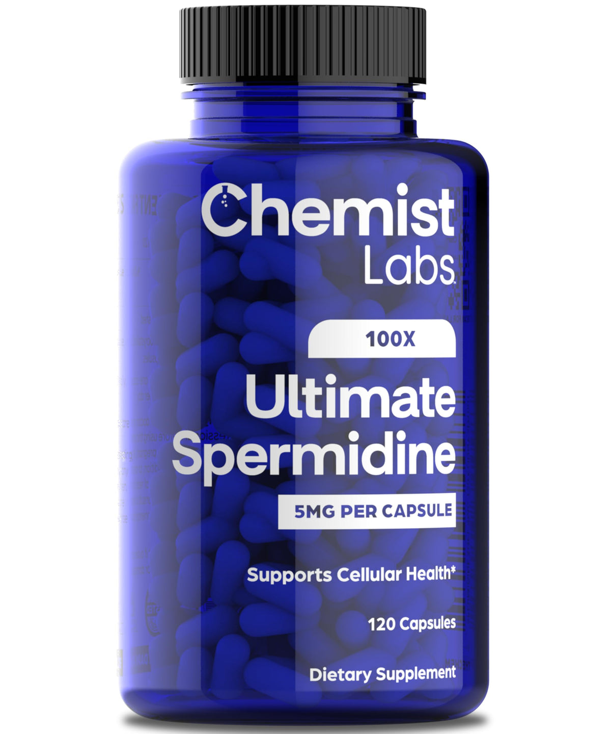Chemist Labs Spermidine 100x formula capsules on bottle label, highlighting potency