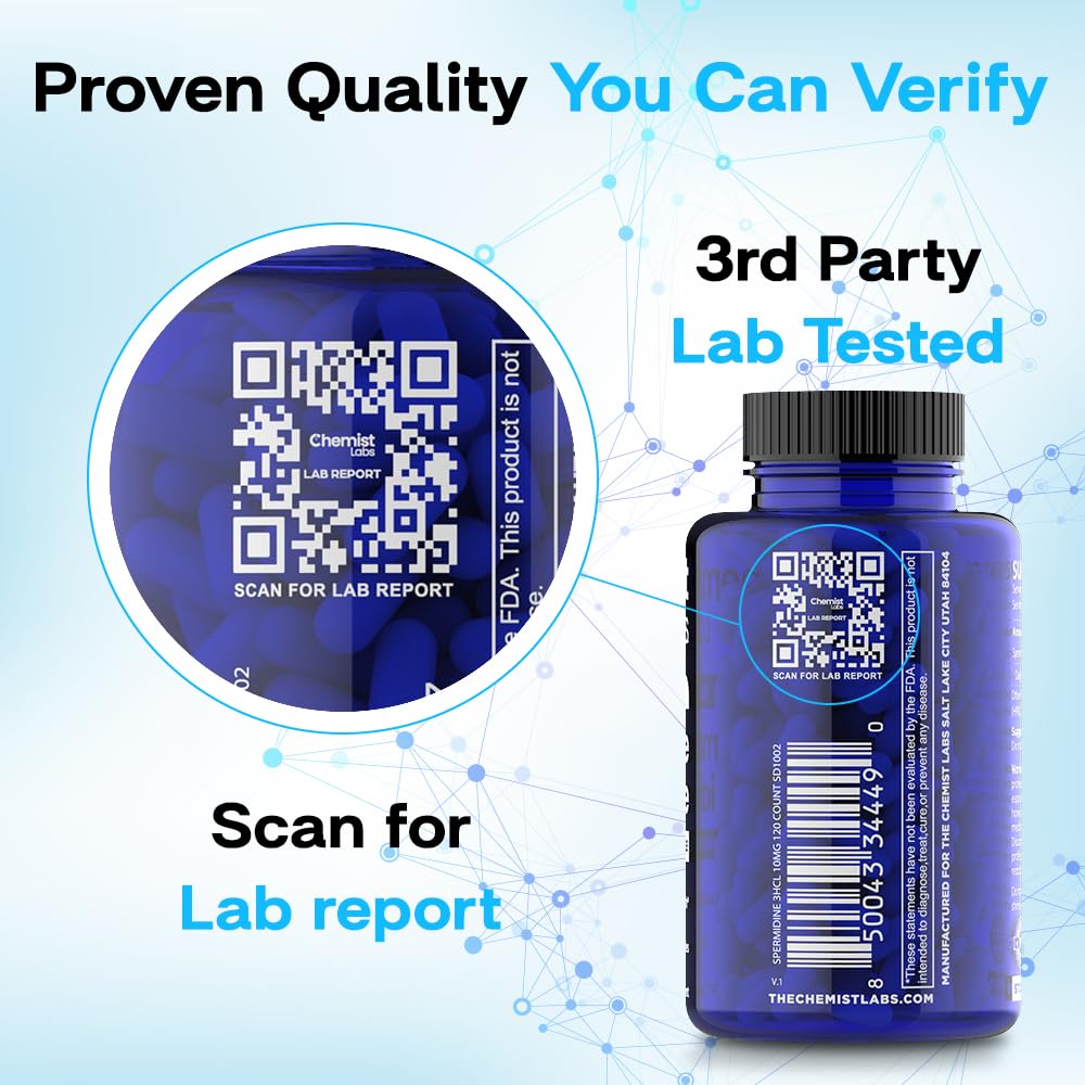 Chemist Labs spermidine lab-tested quality label ensures purity and safety.