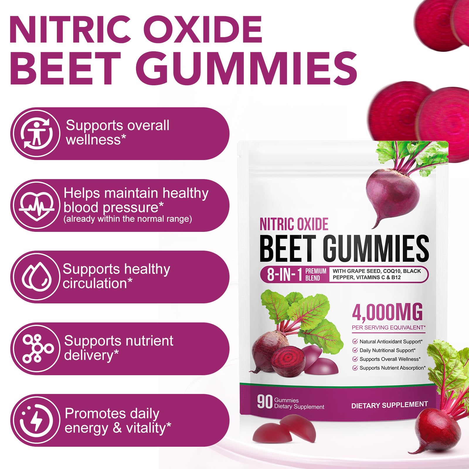 chenyayun Beet Root Gummies close-up showing ingredients like beet root extract and vitamin C