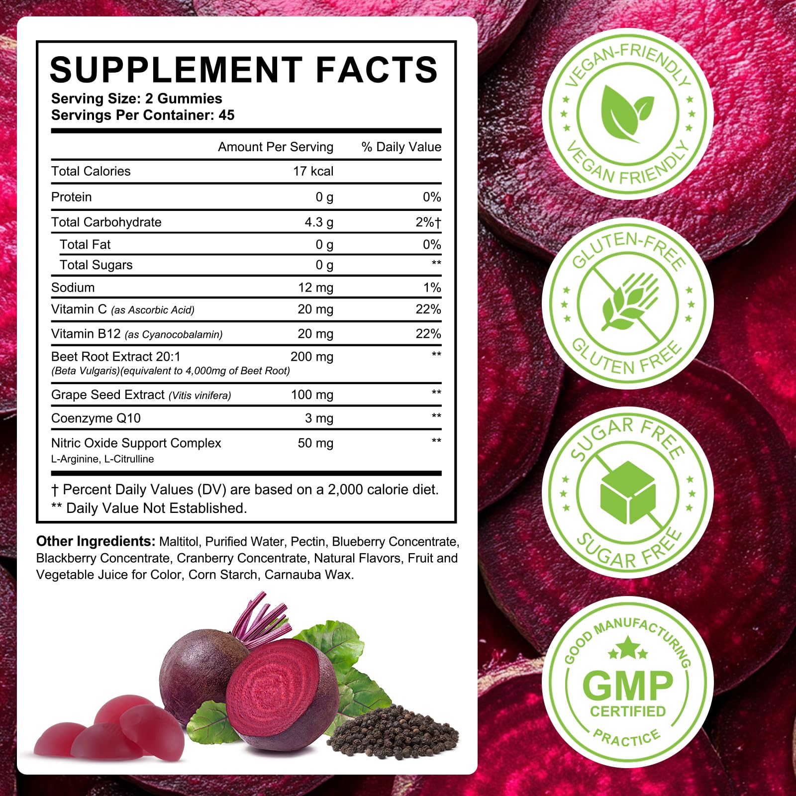 chenyayun Beet Root Gummies sugar-free label notes non-GMO and gluten-free