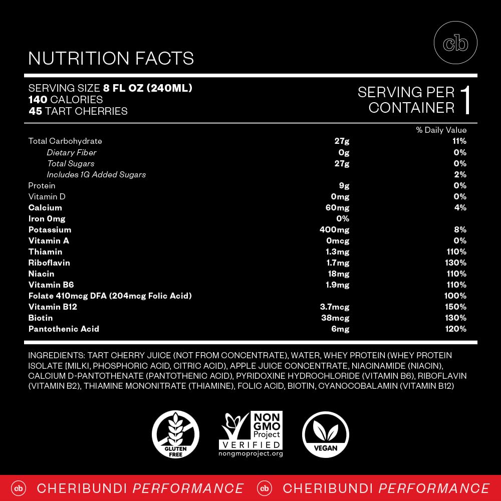 Cheribundi Proteína Zumo Cereza Tart, etiqueta clara para identificar ingredientes y aporte proteico.