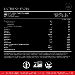 Cheribundi Proteína Zumo Cereza Tart, etiqueta clara para identificar ingredientes y aporte proteico.