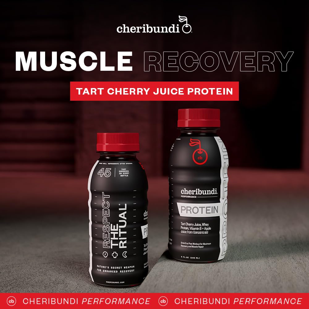 Cheribundi Proteína Zumo Cereza Tart, vaso con bebida lista para disfrutar tras entrenar.
