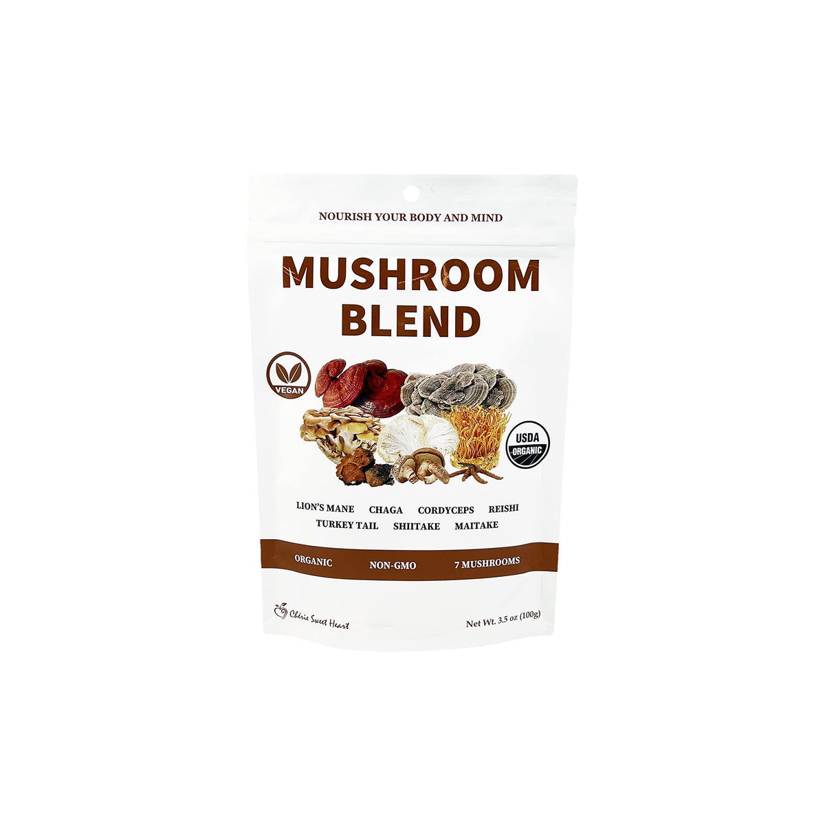 Cherie Sweet Heart 7 Mushroom Extract Powder jar shows organic blend for daily wellness
