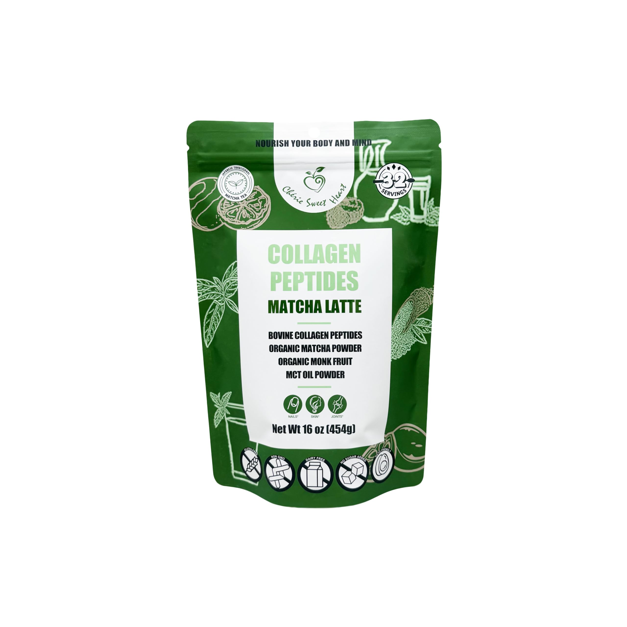 Chérie Sweet Heart collagen matcha latte bottle showcasing premium blend for sustained energy.