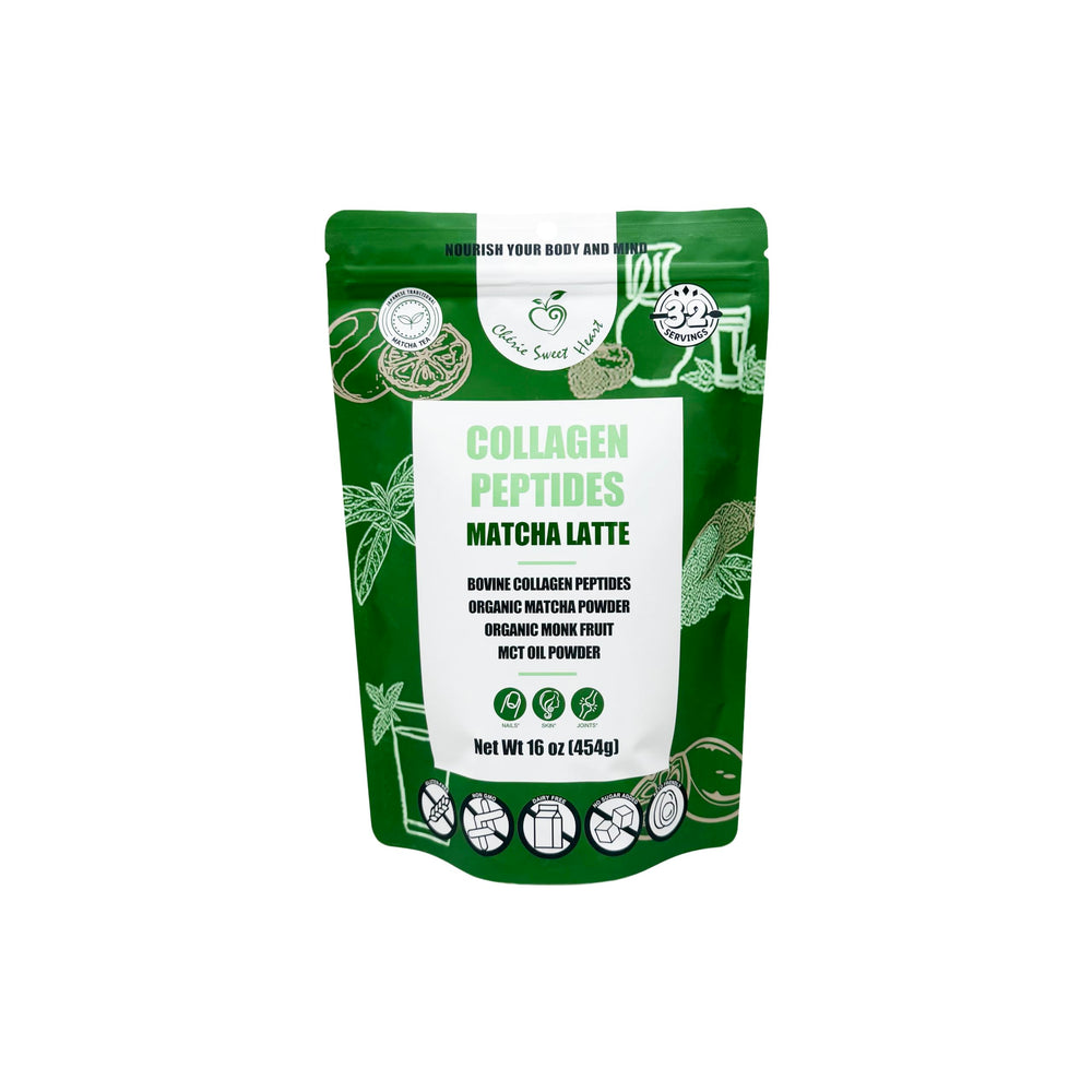 Chérie Sweet Heart collagen matcha latte bottle showcasing premium blend for sustained energy.