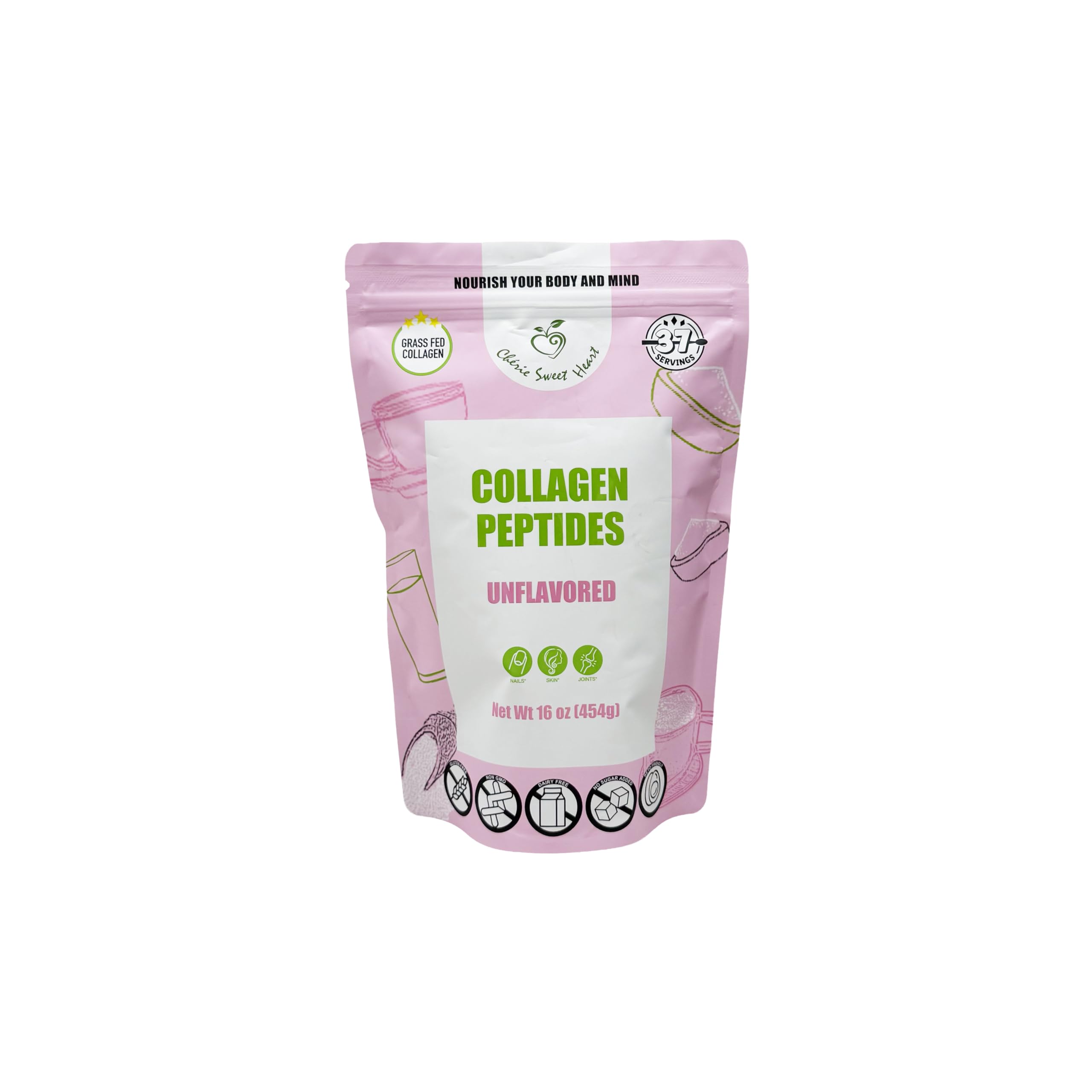 Chérie Sweet Heart collagen peptides bottle showing protein-dense formula.