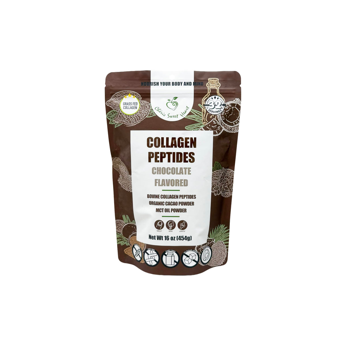 Cherie Sweet Heart collagen peptides chocolate bottle showing hydrolyzed formula for skin and joints