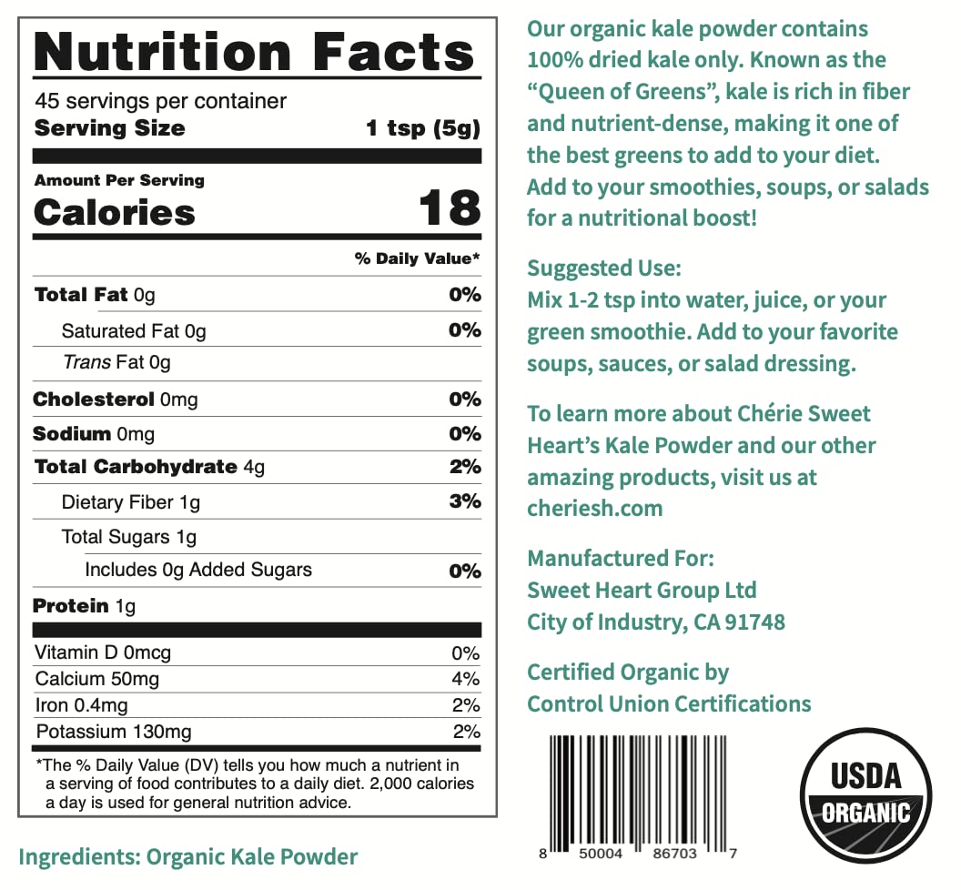 Chérie Sweet Heart kale powder pour enables quick greens in drinks.