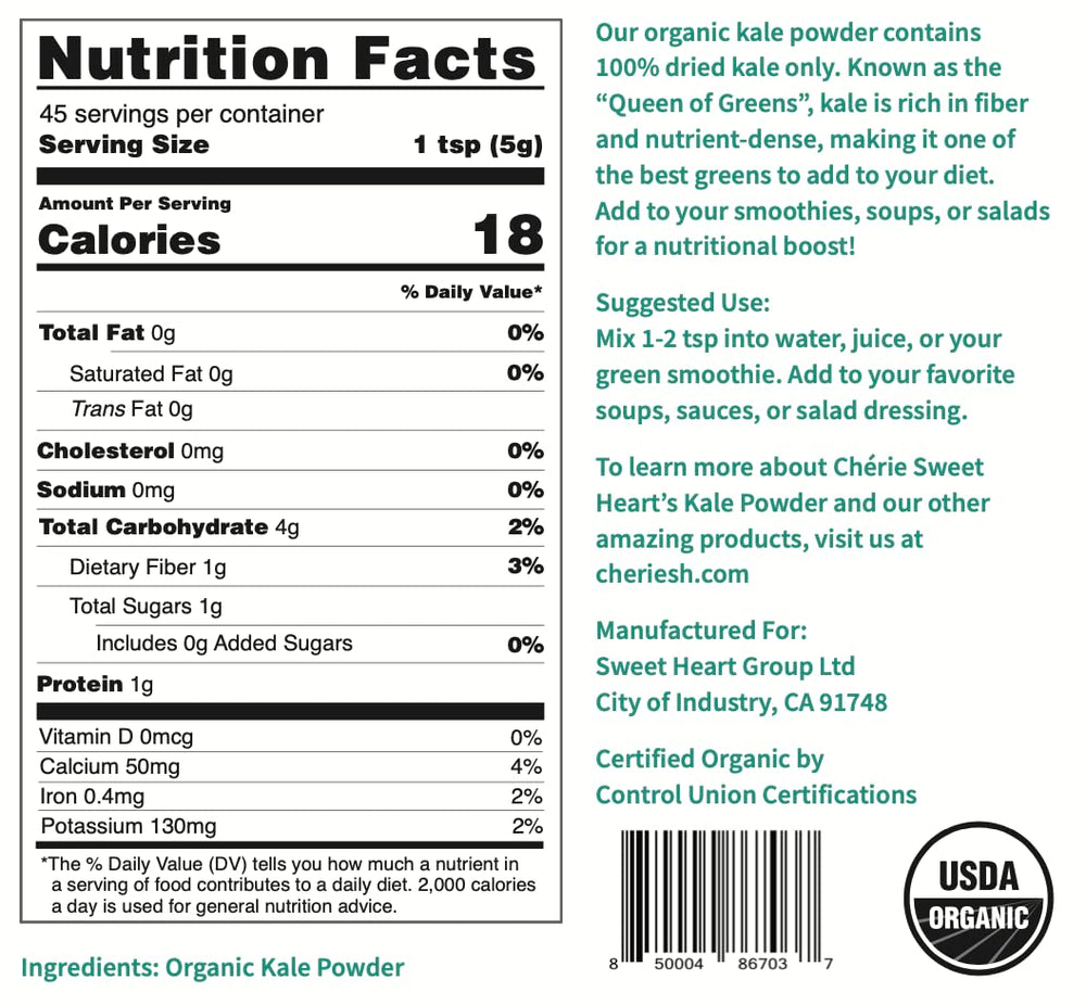 Chérie Sweet Heart kale powder pour enables quick greens in drinks.
