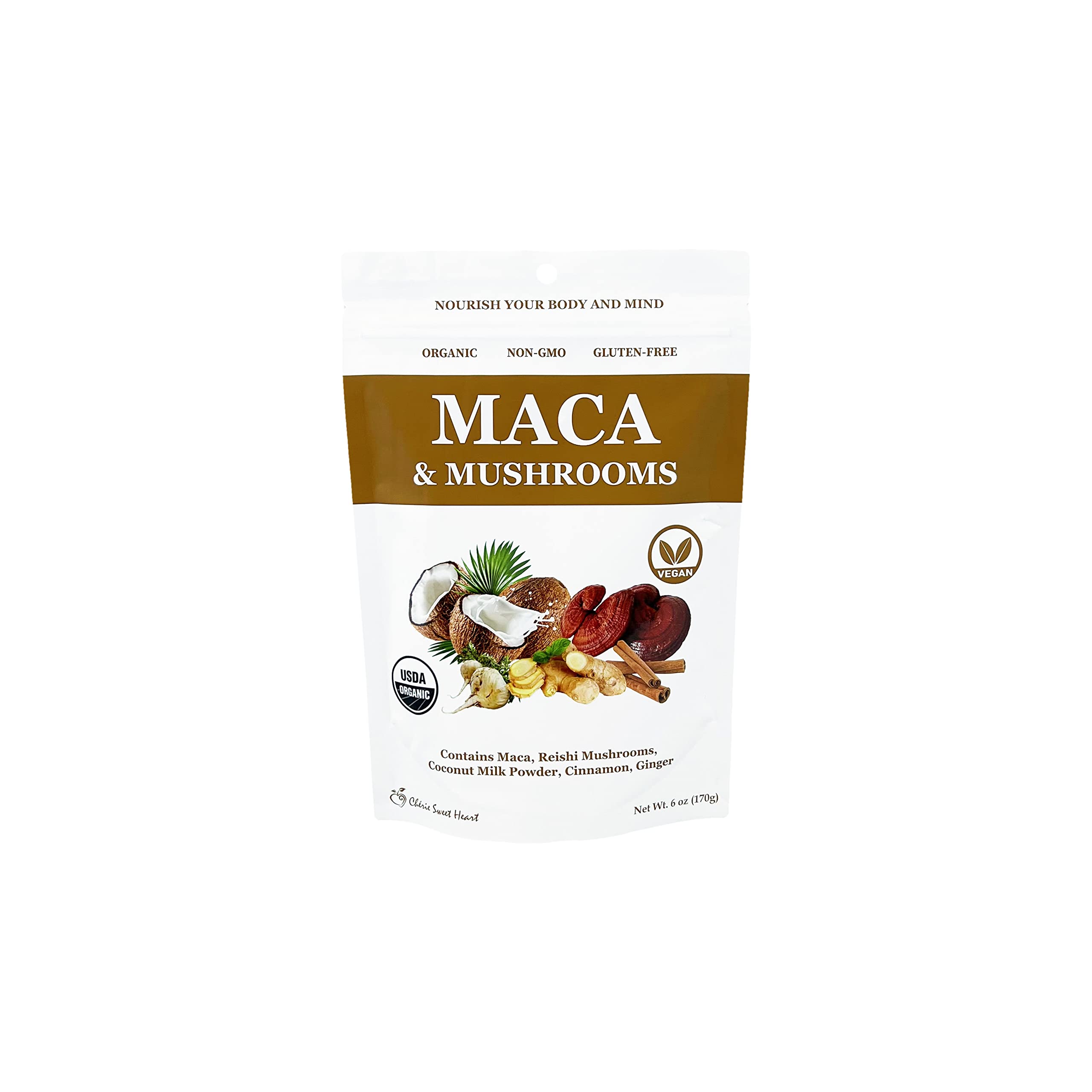 Cherie Sweet Heart Maca Mushrooms Blend bottle promotes energy and balance with chai-inspired aroma.