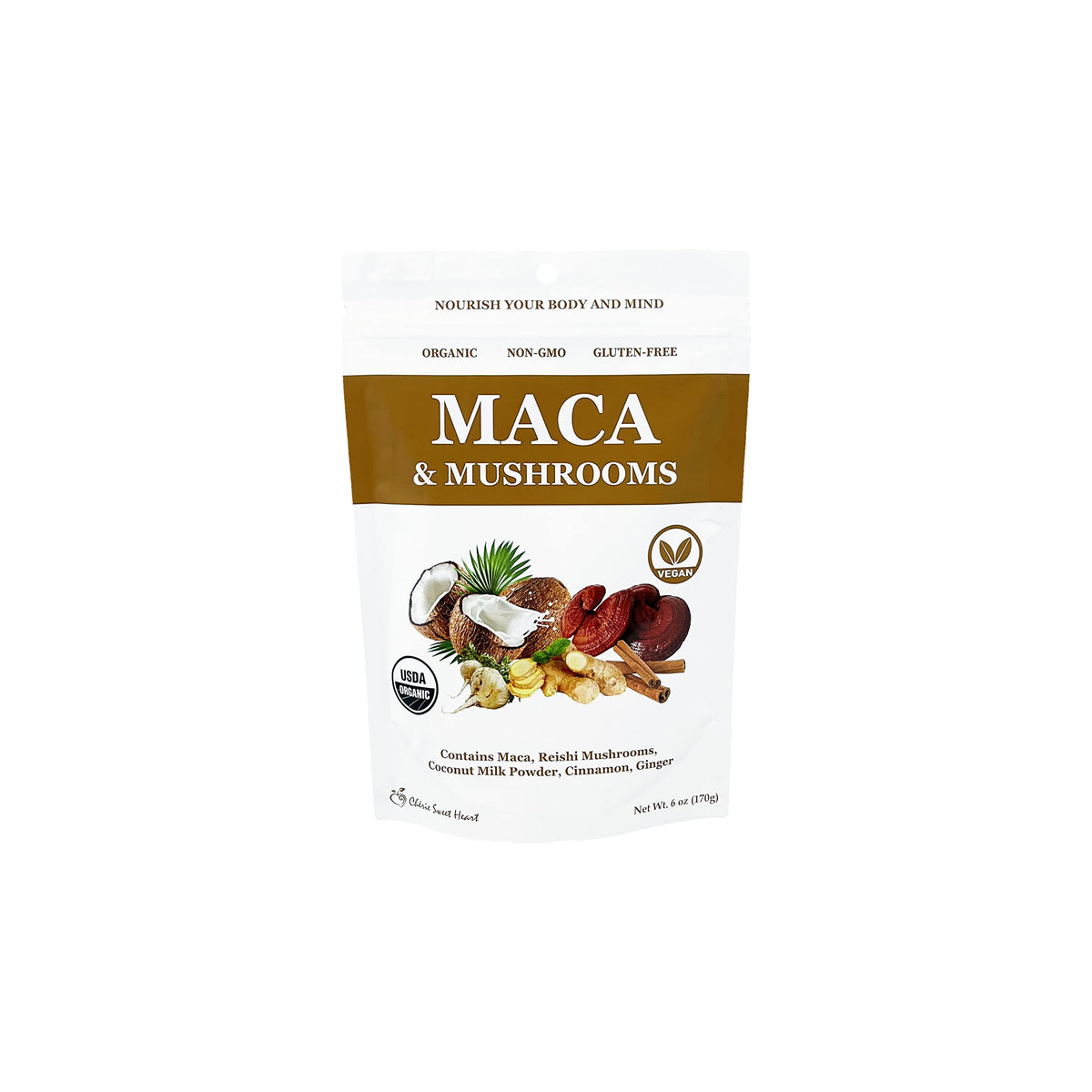 Cherie Sweet Heart Maca Mushrooms Blend bottle promotes energy and balance with chai-inspired aroma.