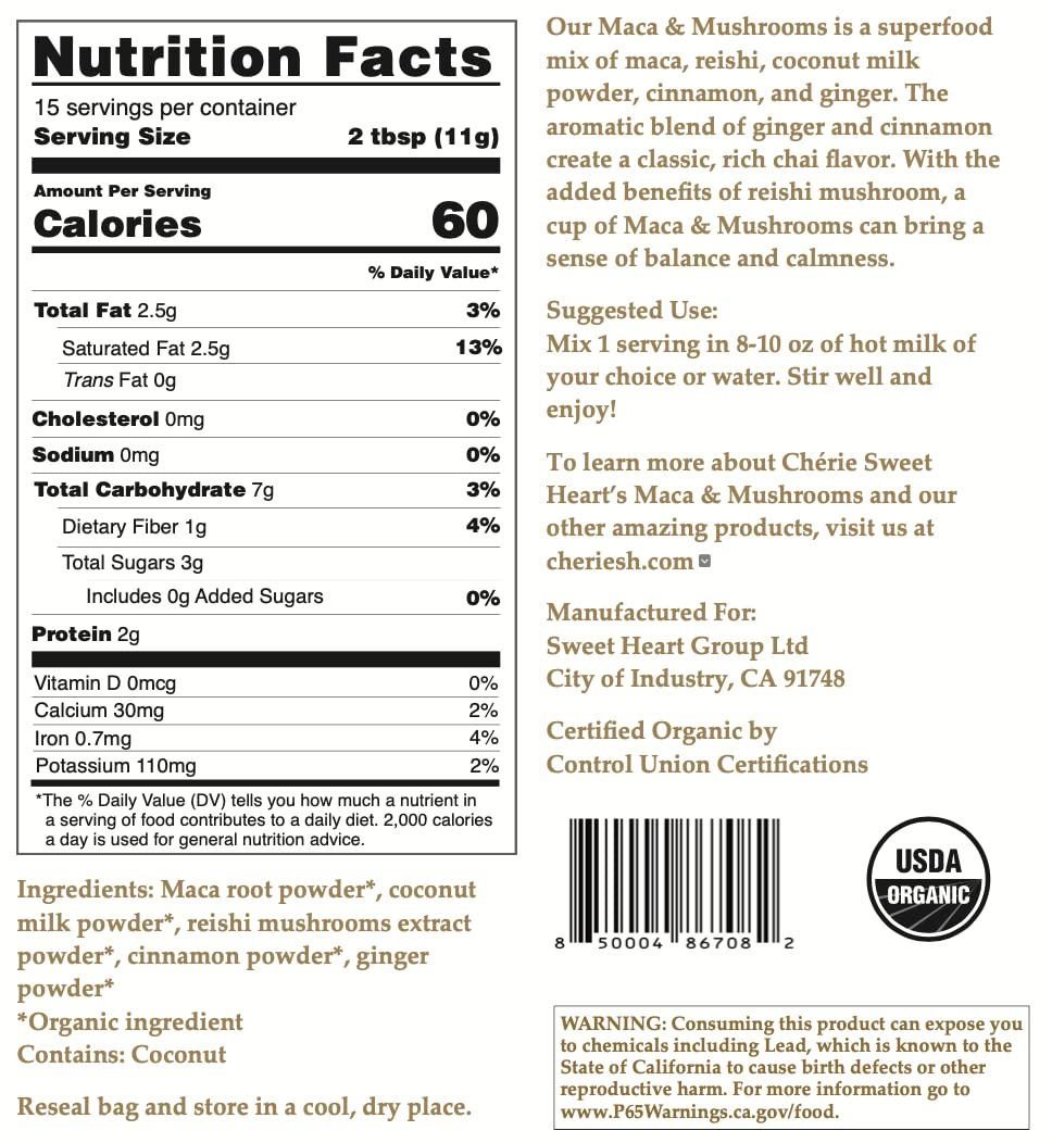 Cherie Sweet Heart Maca Mushrooms Blend pouch highlights organic ingredients and convenient serving sizes.