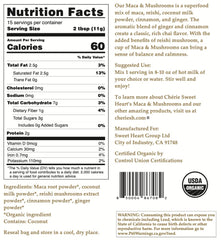Cherie Sweet Heart Maca Mushrooms Blend pouch highlights organic ingredients and convenient serving sizes.