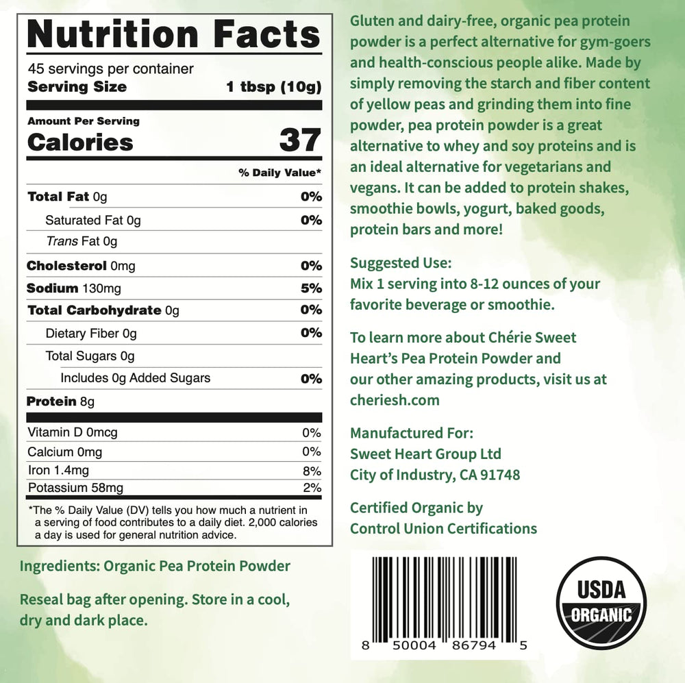 Chérie Sweet Heart organic pea protein powder bag ideal for protein boosts in recipes.