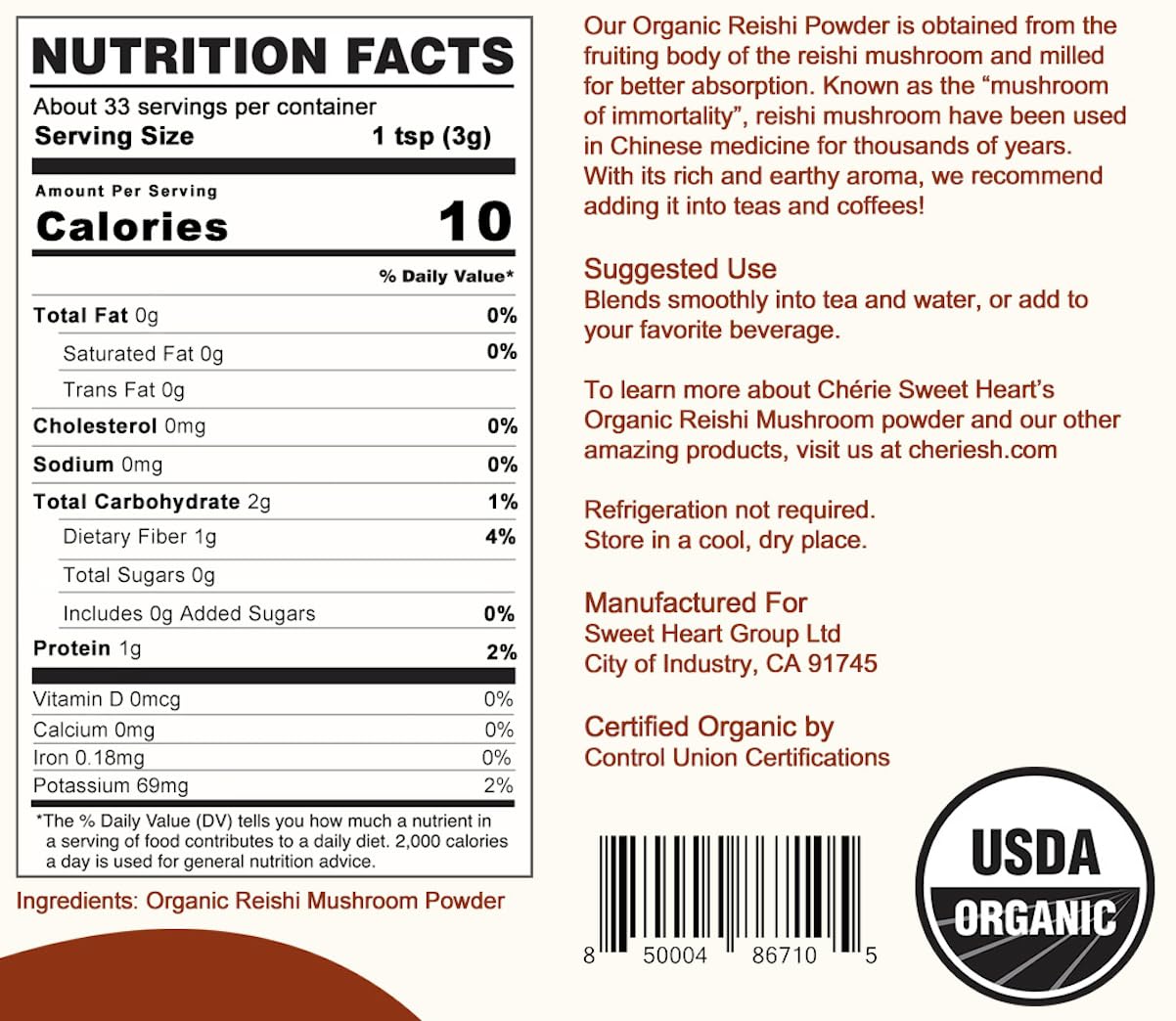 Packaging closeup of Cherie Sweet Heart Reishi powder, showcasing clean ingredients