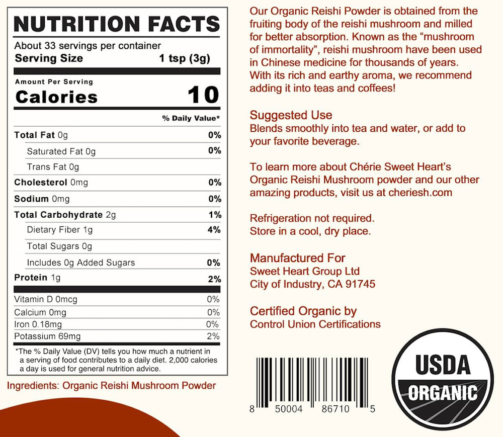 Packaging closeup of Cherie Sweet Heart Reishi powder, showcasing clean ingredients