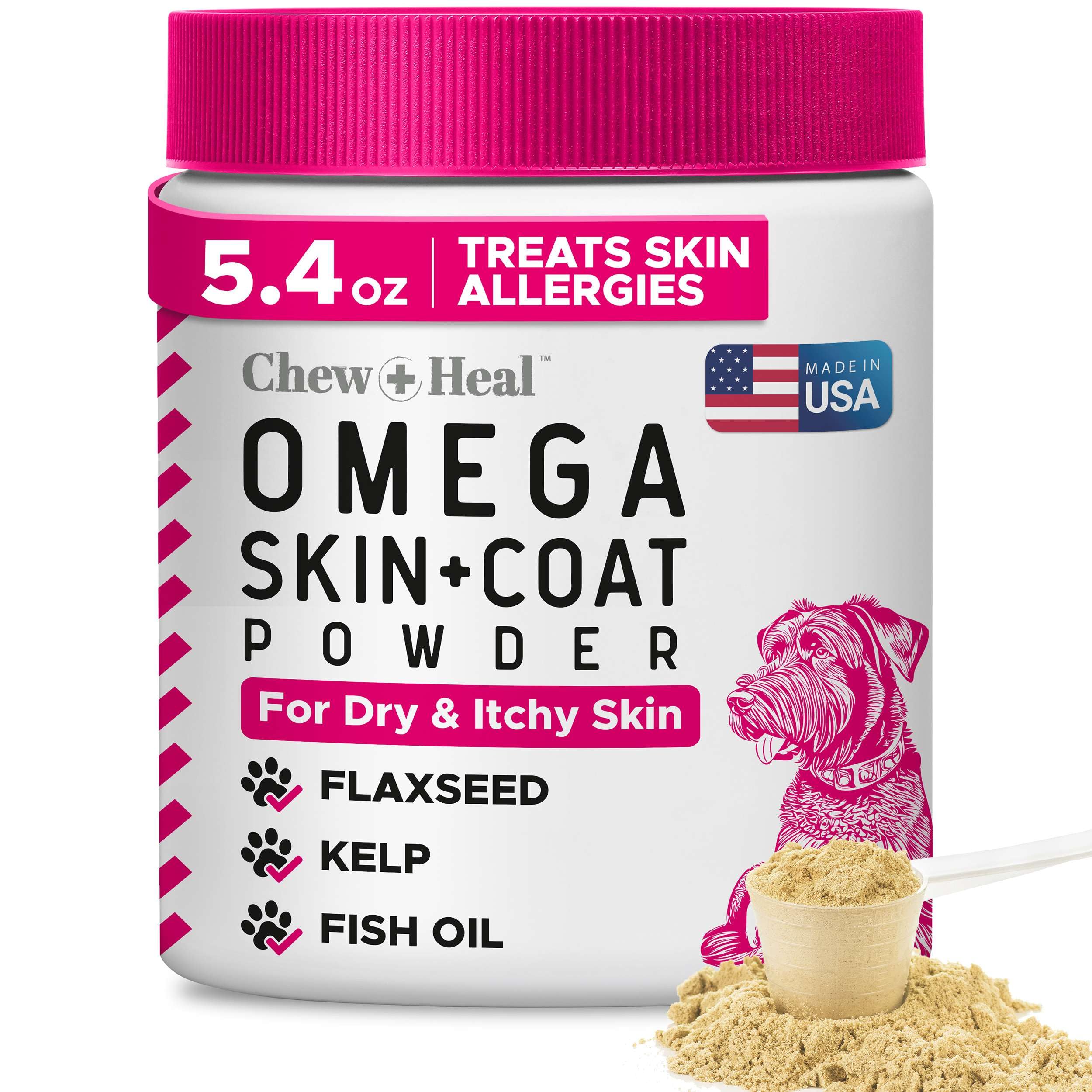 Chew + Heal Labs Omega-3 Powder dog bottle highlighting skin and coat support