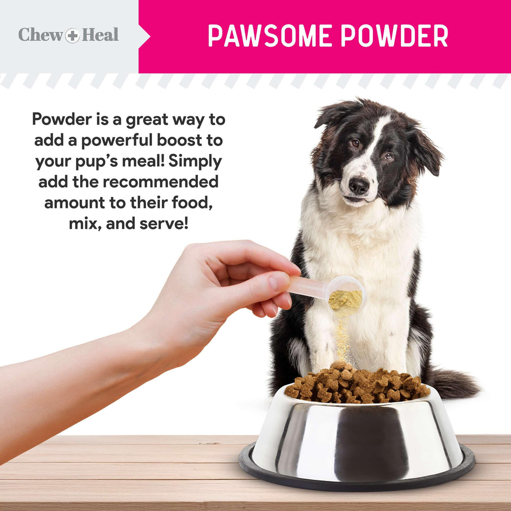 Chew + Heal Labs Omega-3 Powder sprinkled into a dog's meal for easy supplementation