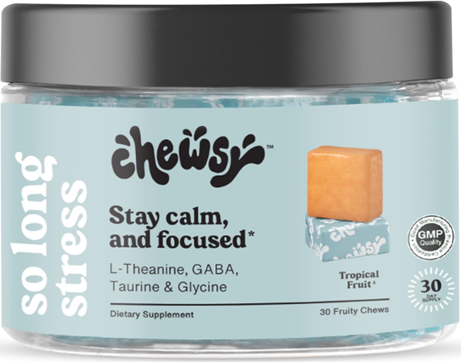 CHEWSY So Long Stress tropical fruit chew supports calm focus during a busy day.