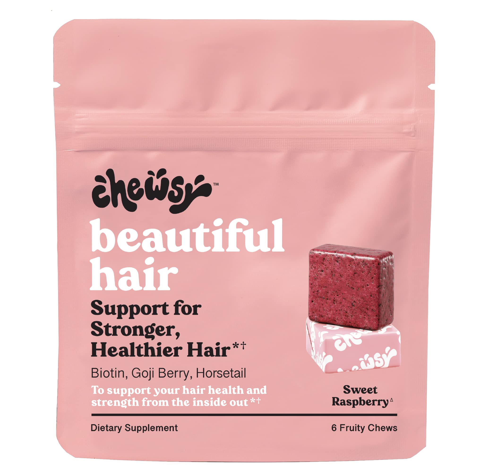 Chewsy Beautiful Hair Chews bottle: a tasty way to support healthier hair from within.
