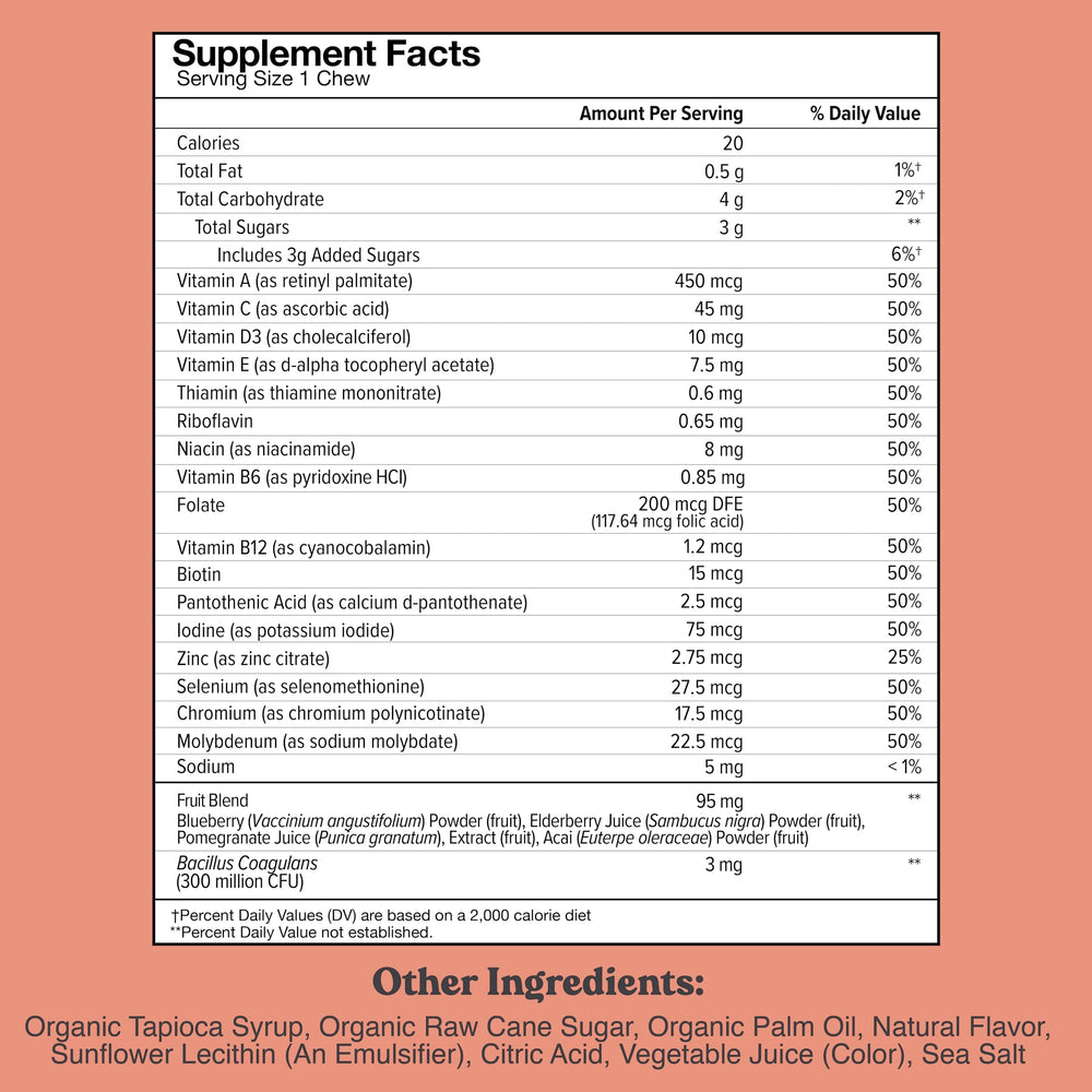 CHEWSY Kids Multivitamin close-up reveals probiotic and superfood blend for digestion support