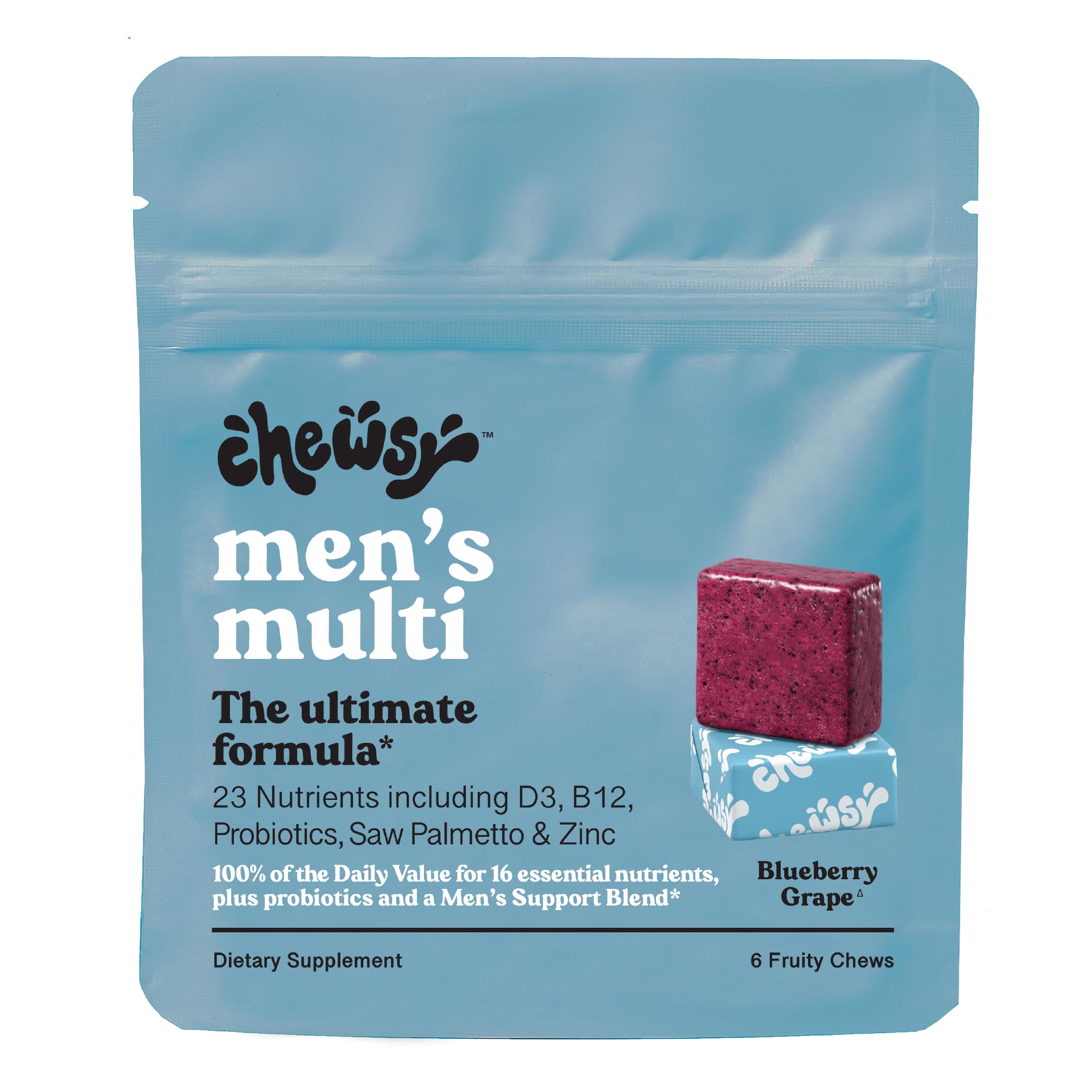 Chewsy Men's Multivitamin Chews blueberry-grape flavor, delicious daily energy support.
