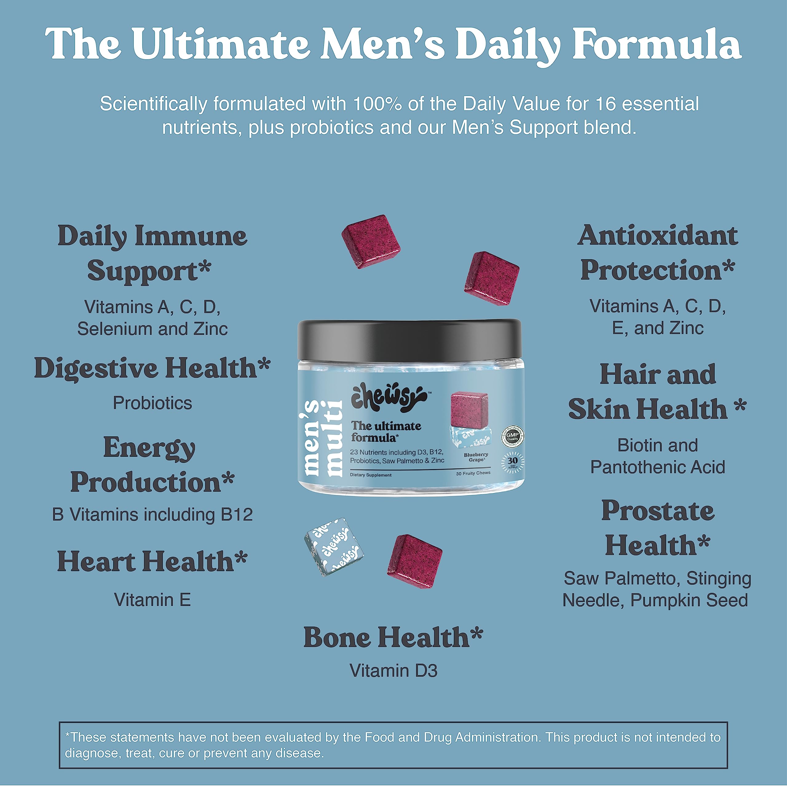 Chewsy Men's Multivitamin Chews soft fruit texture, appealing snack-like supplement.
