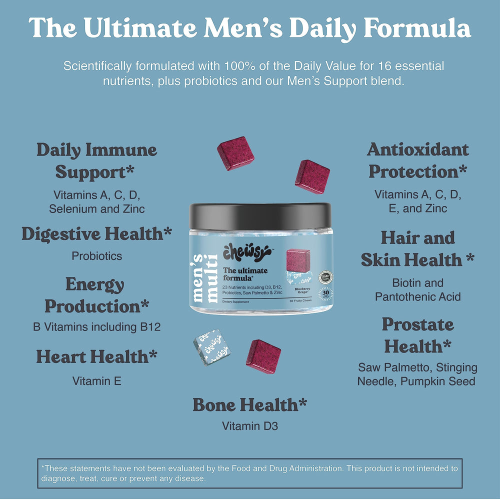 Chewsy Men's Multivitamin Chews soft fruit texture, appealing snack-like supplement.